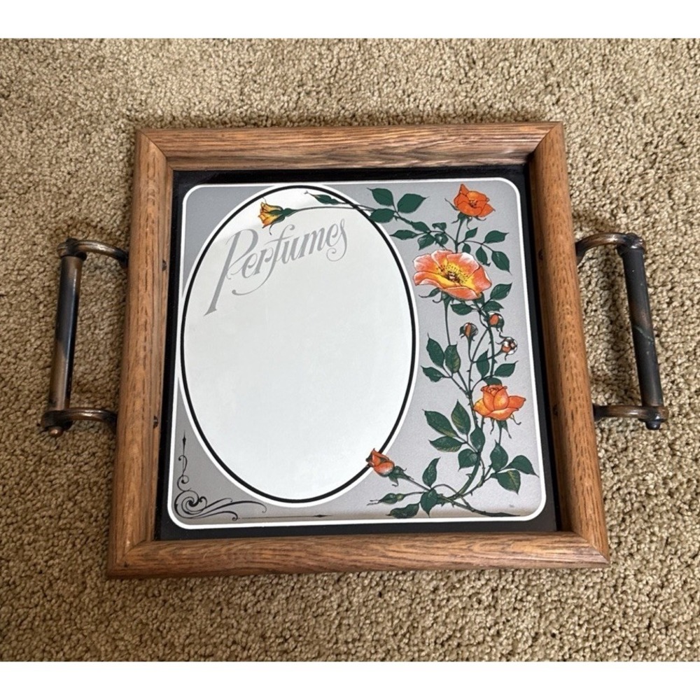 Vintage Hensley Company Perfumes Roses Mirror Tray with Handles Wood Frame